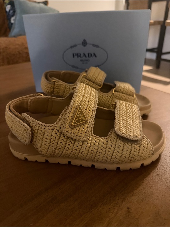 Prada Shoes - Prada Tan Woven Velcro Sandals